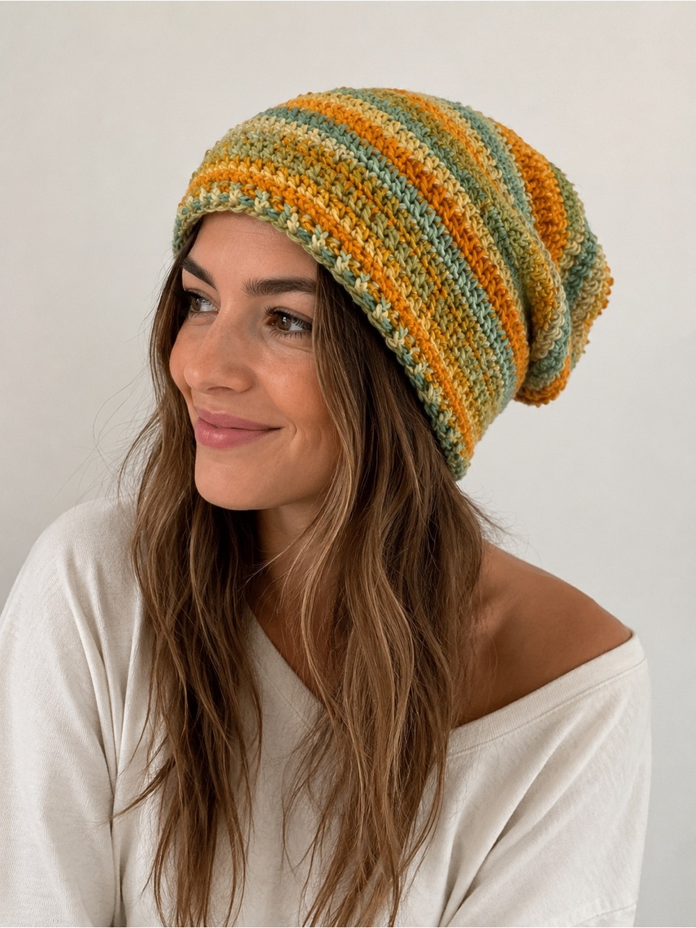 HAND CRAFTED Crochet Slouch Beanie NEW Mustard Yellow Sage Green Ivory